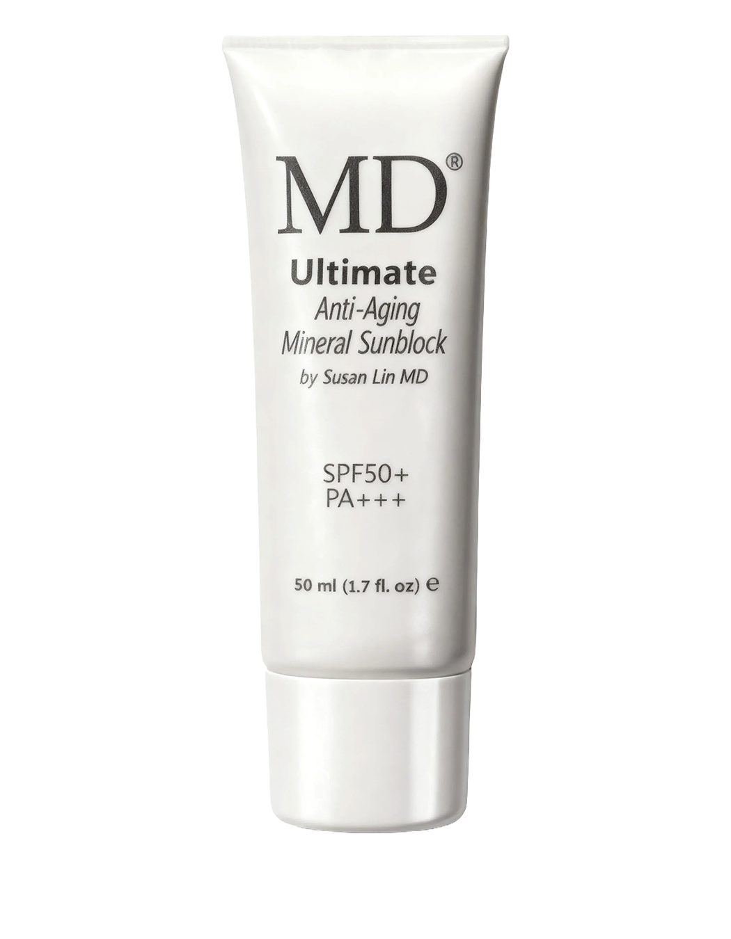 MD Ultimate Anti-Aging Mineral Sunblock SPF 50 in a sleek tube and box, perfect for protecting and rejuvenating skin.