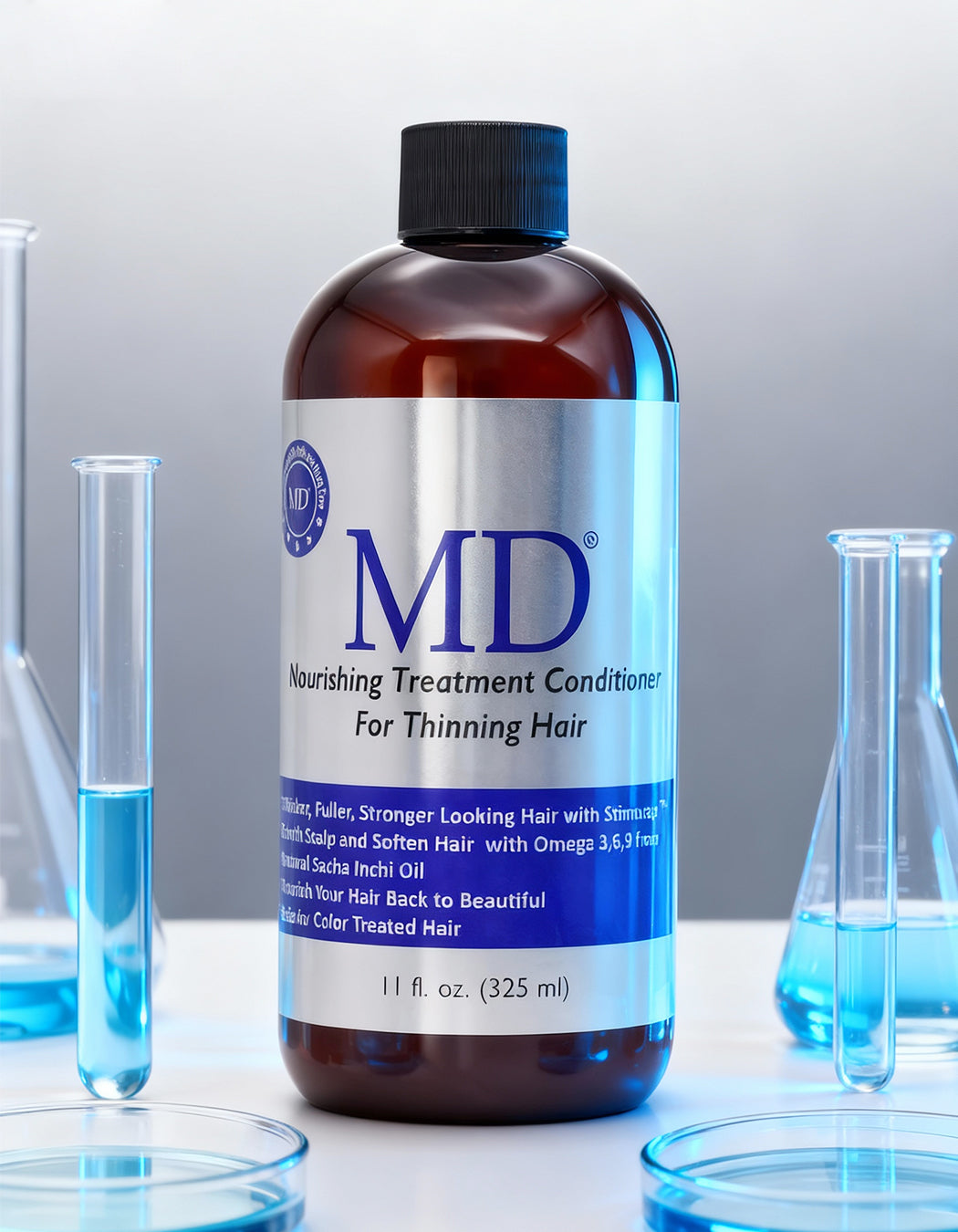 MD® Hair System research featuring StimuCap® peptides with CLA, Glutathione, and Sodium DNA for hair retention.