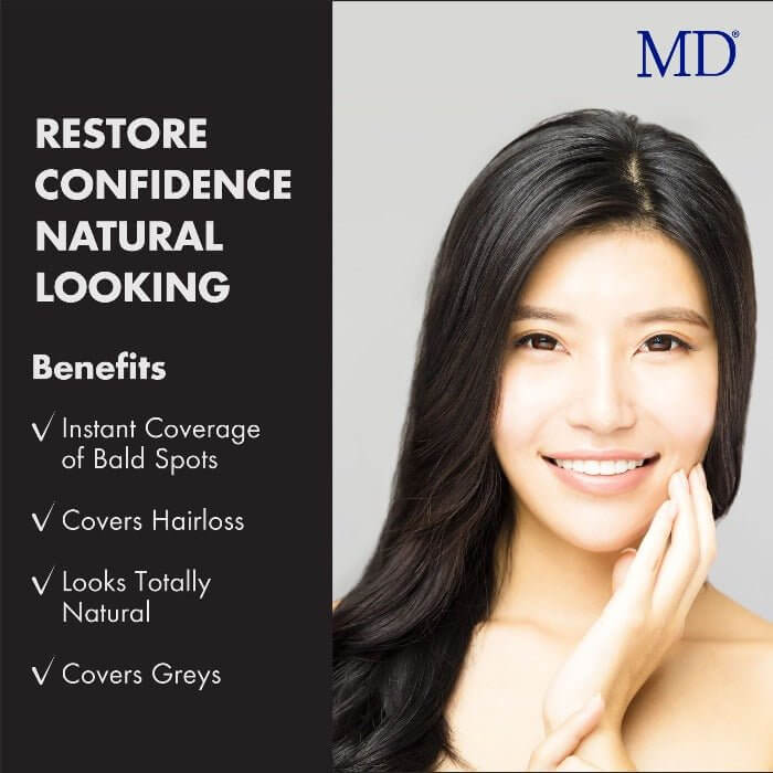 MD Hair Fiber benefits: restores confidence, covers bald spots and gray hair instantly, blends naturally for fuller-looking hair.