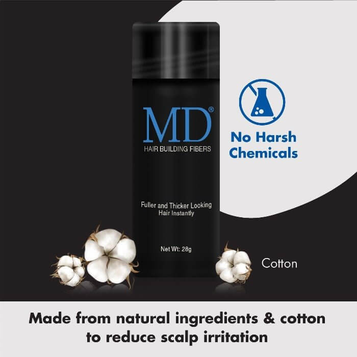 MD Hair Fiber product with cotton—made from natural cotton fiber to reduce scalp irritation and ensure gentle, itch-free application.