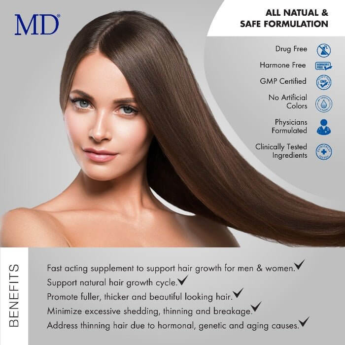 Woman with beautiful hair shown with MD Nutri Hair supplement and benefits: drug-free, hormone-free, made in USA, GMP certified, physician formulated, clinically tested, supports natural hair growth cycle and targets hair loss from aging, hormones, and genetics – for men and women