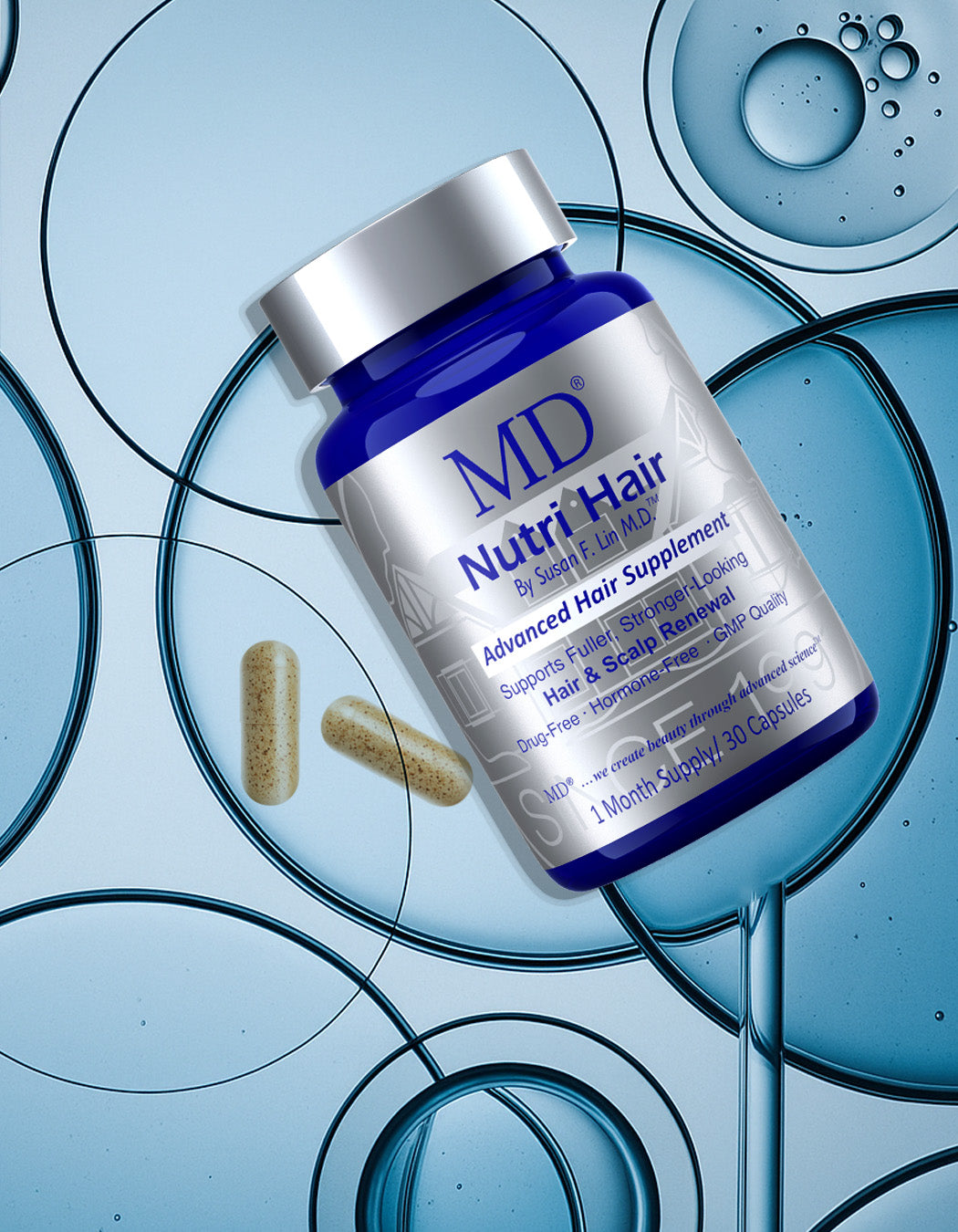 MD Nutri Hair capsule in a laboratory setting. Physician-formulated with Lilac extract to support hair density and healthy follicles