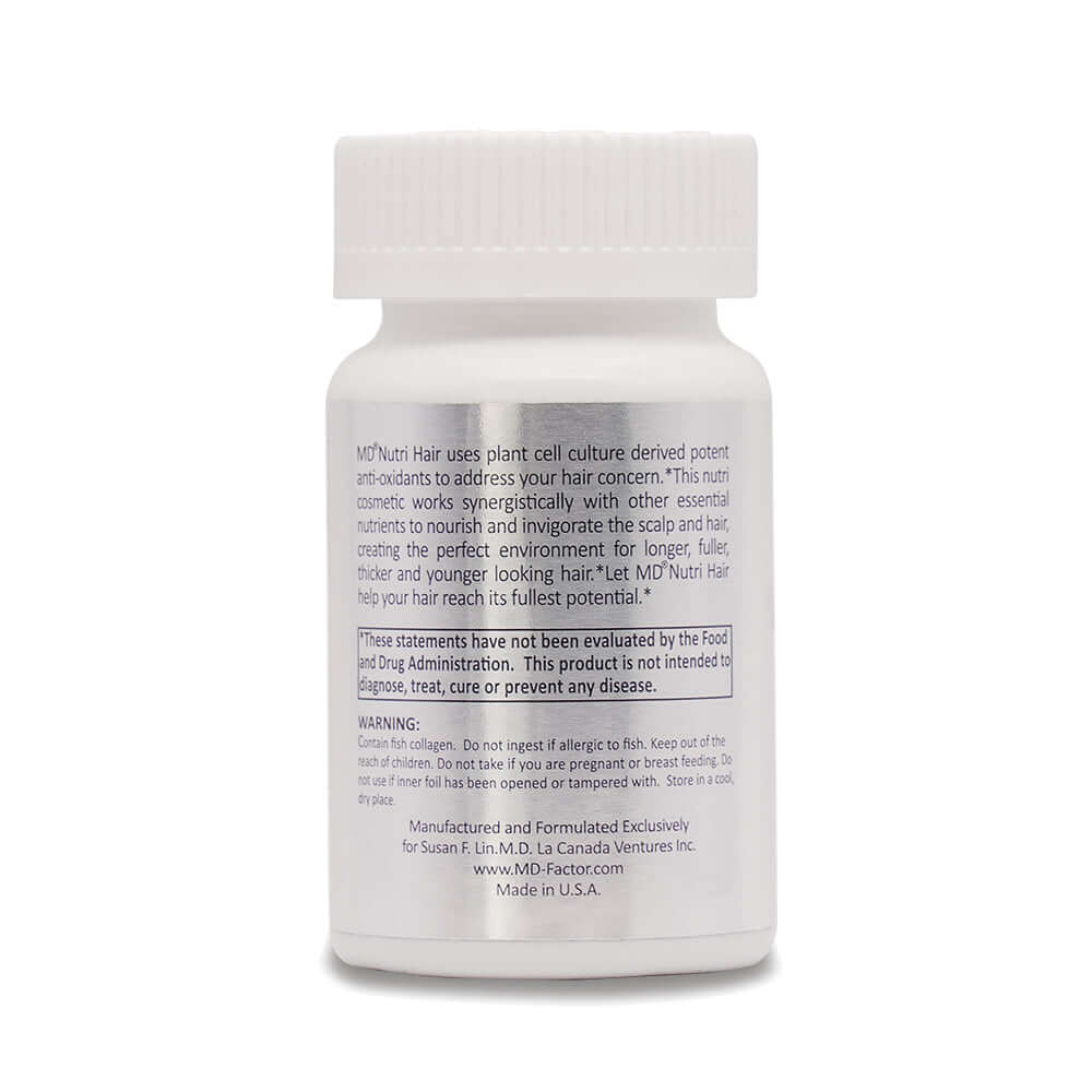 Back of MD Nutri Hair bottle showing supplement facts, directions for use, and contact information – drug-free hair growth supplement label by MD Hair