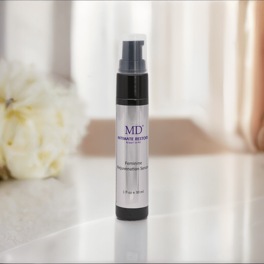 MD Intimate Restore displayed in an upscale bedroom setting, symbolizing intimacy, comfort, and luxury self-care