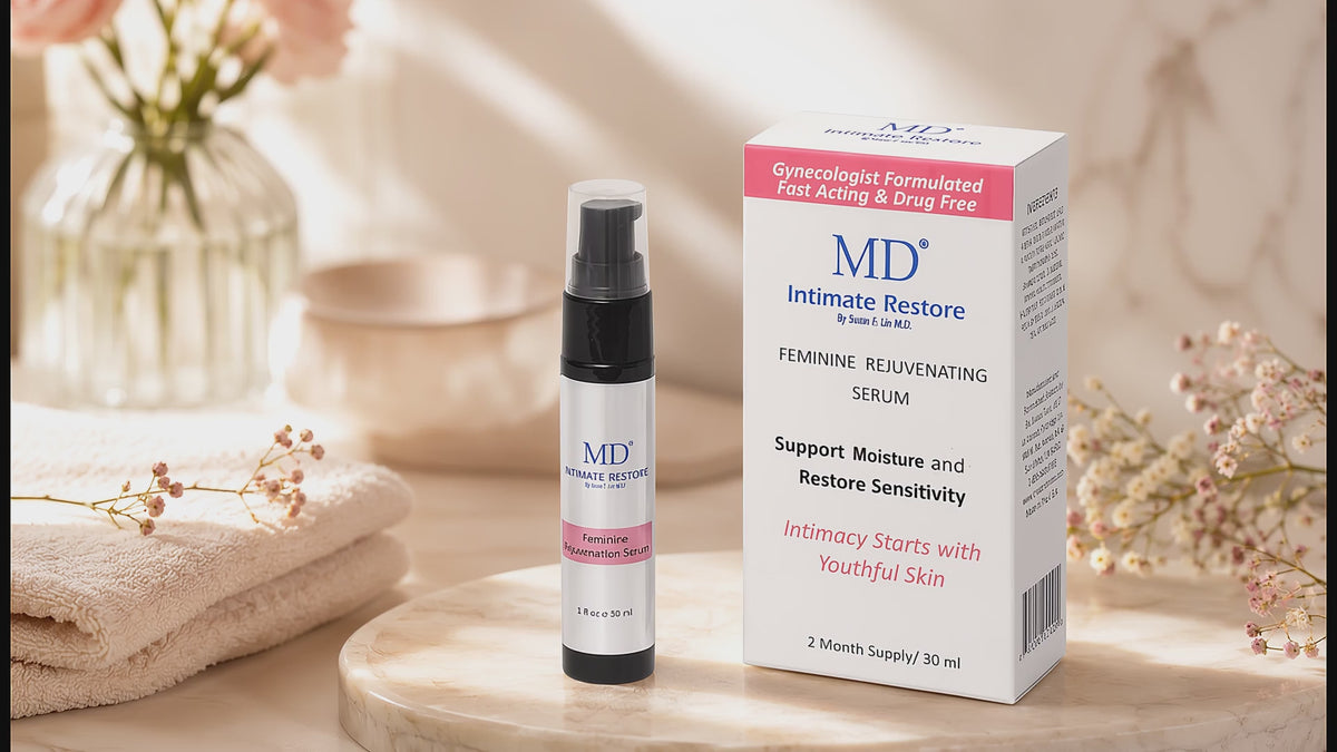 MD® Intimate Restore 30 ml serum bottle and box on a marble table with flowers, a woman relaxing with a cup of tea, aloe vera leaves with water droplets, and a hand smoothing the serum onto the back of the other hand.