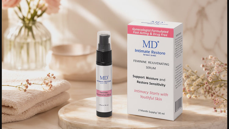 MD® Intimate Restore 30 ml serum bottle and box on a marble table with flowers, a woman relaxing with a cup of tea, aloe vera leaves with water droplets, and a hand smoothing the serum onto the back of the other hand.