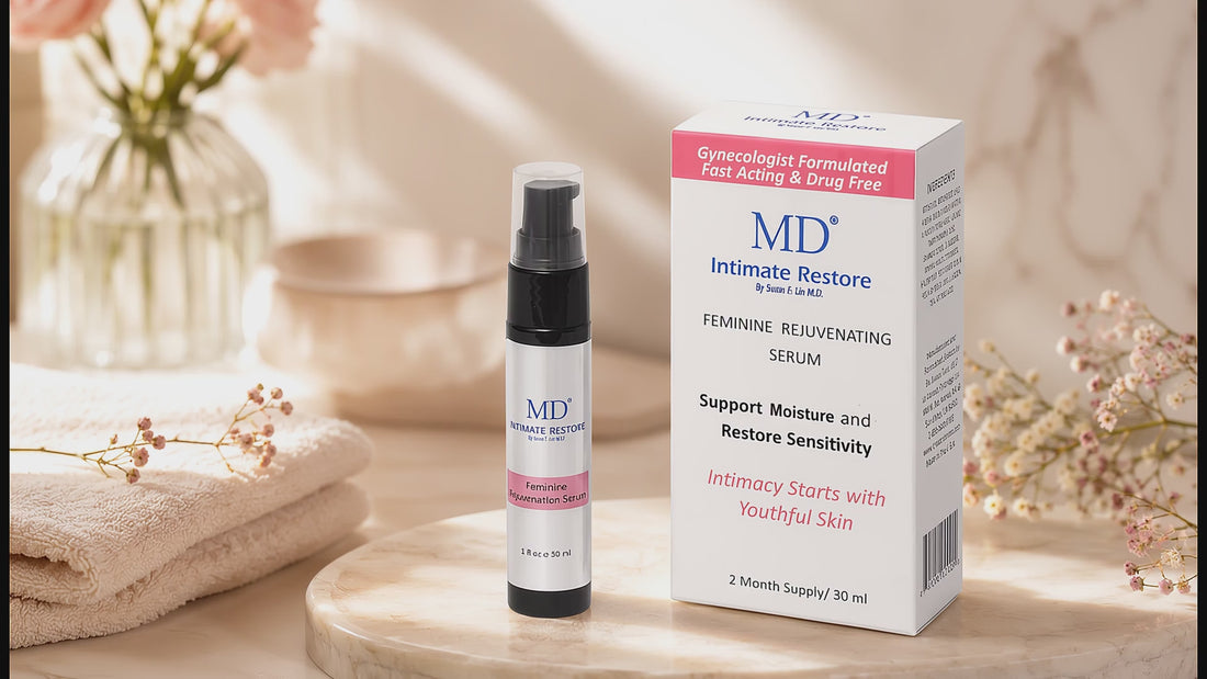 MD® Intimate Restore 30 ml serum bottle and box on a marble table with flowers, a woman relaxing with a cup of tea, aloe vera leaves with water droplets, and a hand smoothing the serum onto the back of the other hand.