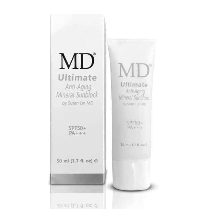 MD Ultimate Anti-Aging Mineral Sunblock SPF 50 একটি মসৃণ টিউব এবং বাক্সে, ত্বককে সুরক্ষা এবং পুনরুজ্জীবিত করার জন্য উপযুক্ত।