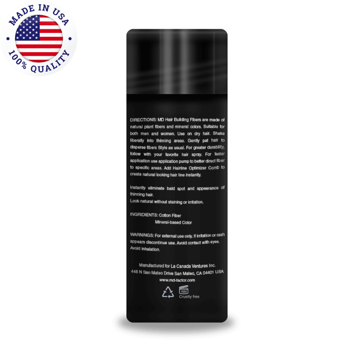 এমডি হেয়ার বিল্ডিং ফাইবার বোতলের পিছনে - ব্যবহারের নির্দেশাবলী এবং চুল ঘন করার জন্য প্রাকৃতিক কেরাটিন উপাদানগুলি দেখায়

