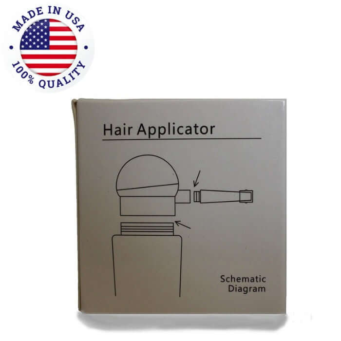 চিত্র সহ এমডি হেয়ার ফাইবার অ্যাপ্লিকেটর বক্স - চুলের ফাইবার প্রয়োগের জন্য স্প্রে বাল্ব এবং চিরুনি কীভাবে ব্যবহার করতে হয় তা দেখায়