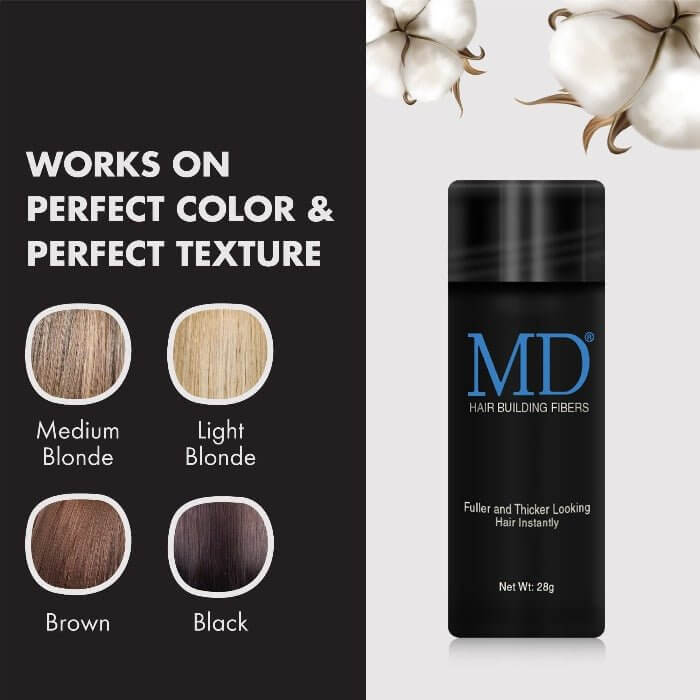 MD Hair Fiber available in black, brown, blonde, and light blonde—works on all hair colors and textures for natural, fuller-looking hair.