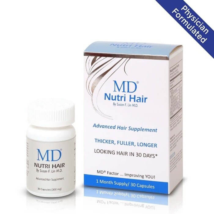 MD Nutri Hair front view of box and bottle – physician-formulated hair loss supplement with vitamins for stronger, fuller hair