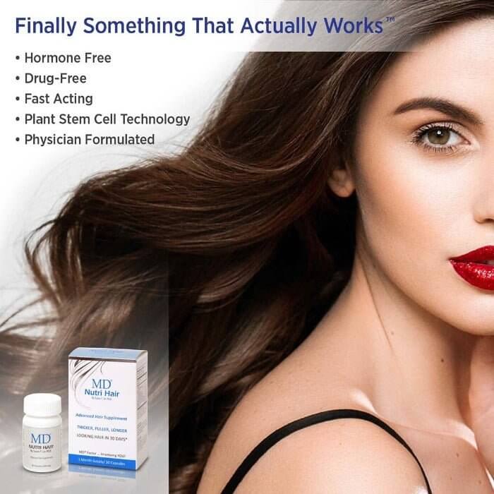 MD Nutri Hair with woman showing full hair – fast-acting, physician-formulated, drug-free, hormone-free plant stem cell supplement