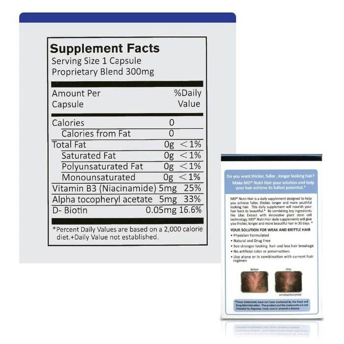 MD Nutri Hair supplement facts and back panel with before and after photo showing visibly fuller hair and reduced shedding