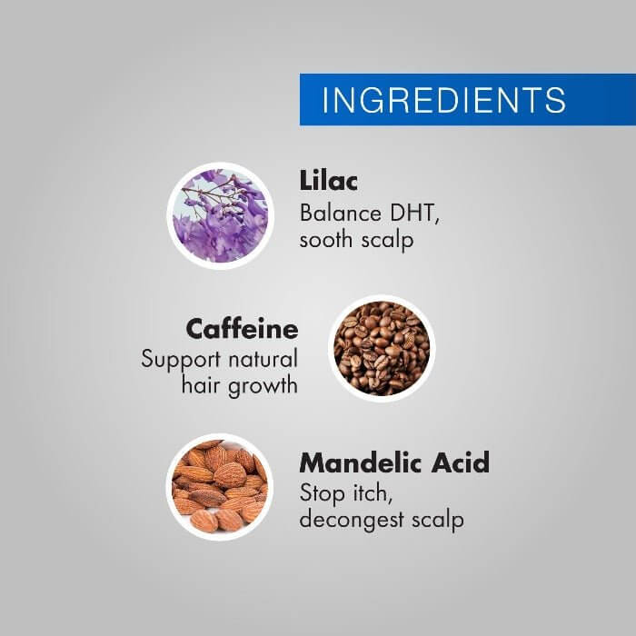 Lilac, caffeine, and mandelic acid ingredients of MD Scalp Essential showing benefits: soothe scalp, reduce itch, balance DHT, support fuller hair

